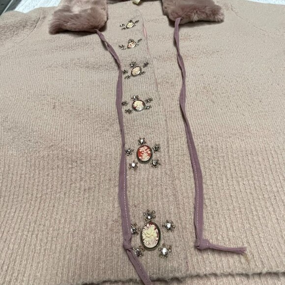 Vintage Easel Women's Snap Button Beige Faux Fur Trim Detachable Collar Jacket - Picture 6 of 11